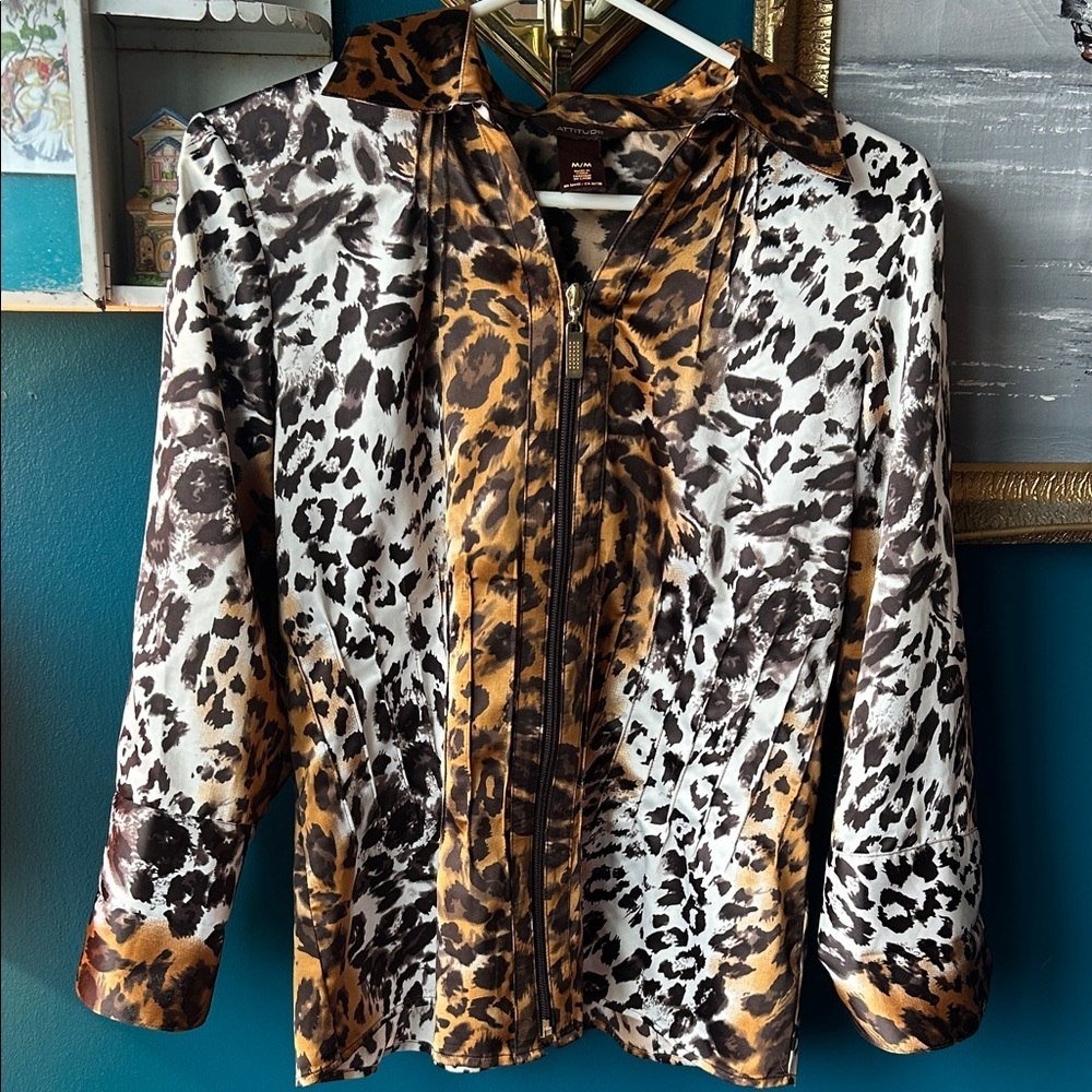 Y2K Leopard Print Zip Blouse | Style Fitted Animal Print Top | Mob Wife | M